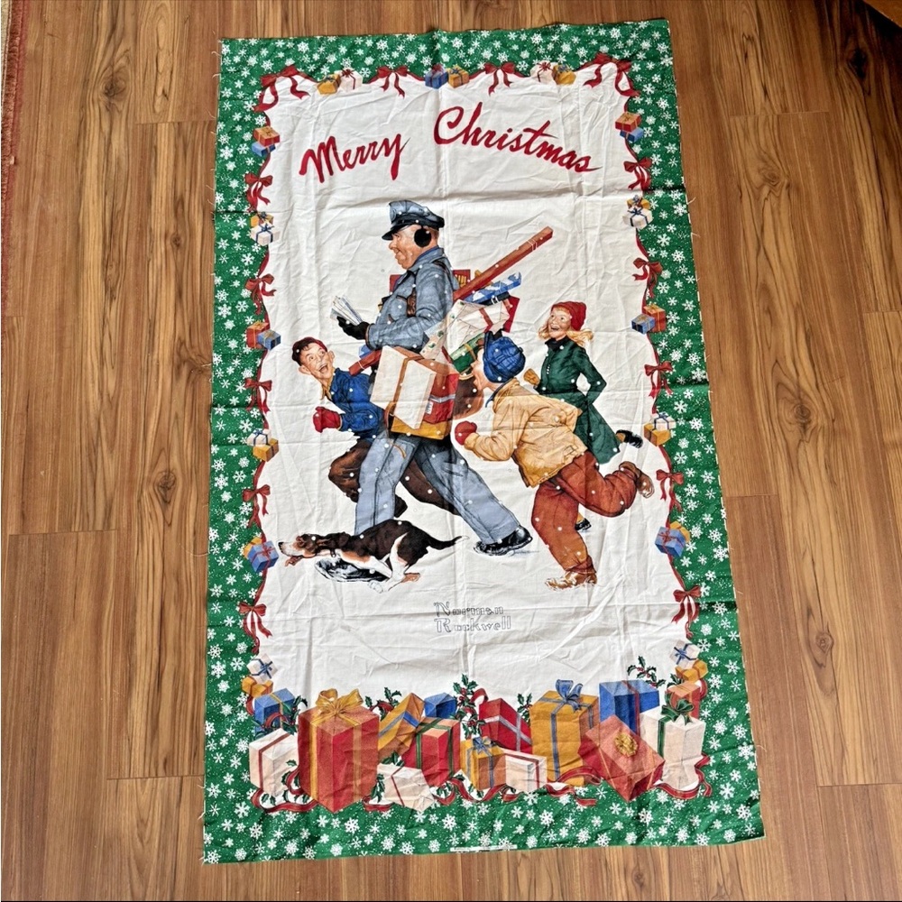 VTG Hallmark Norman Rockwell Mailman Kids Merry Christmas Fabric Panel 60" x 35”
